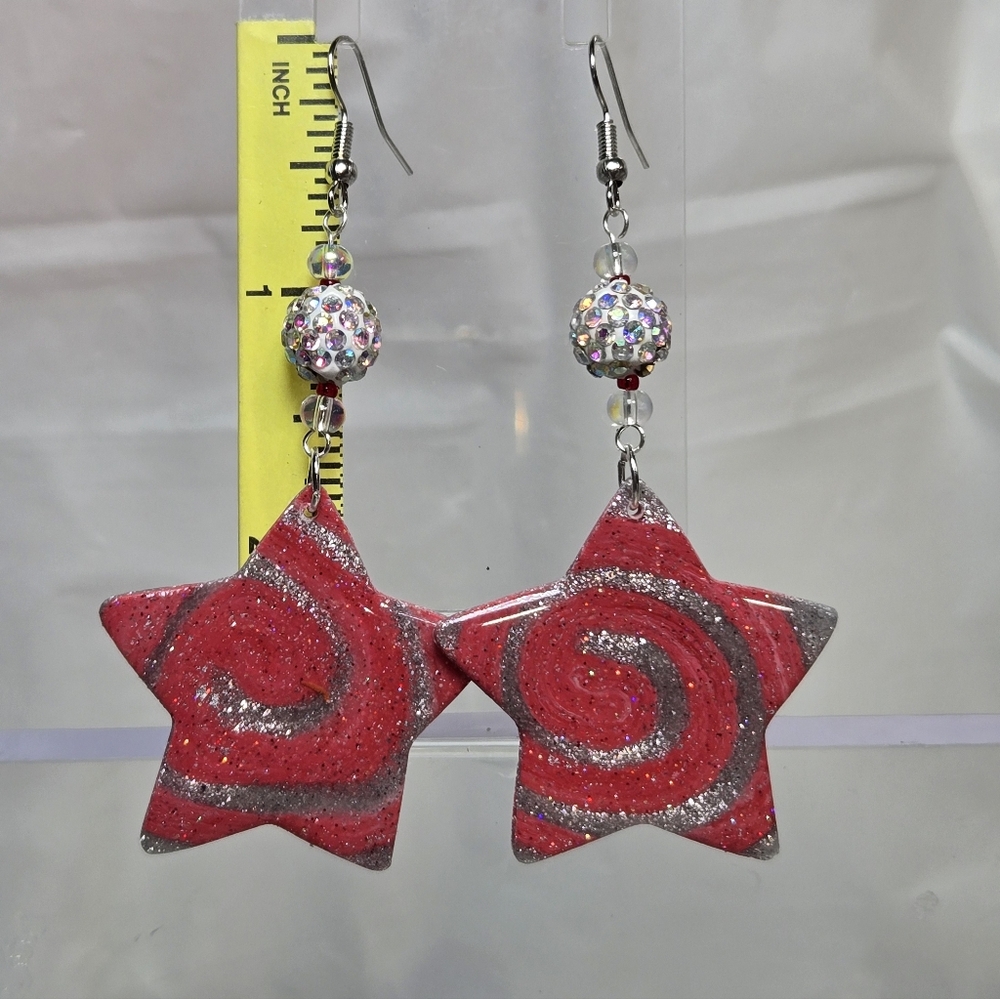 #B360- Twinkling Star Swirl Earrings in Red and Silver - Picture 2 of 5